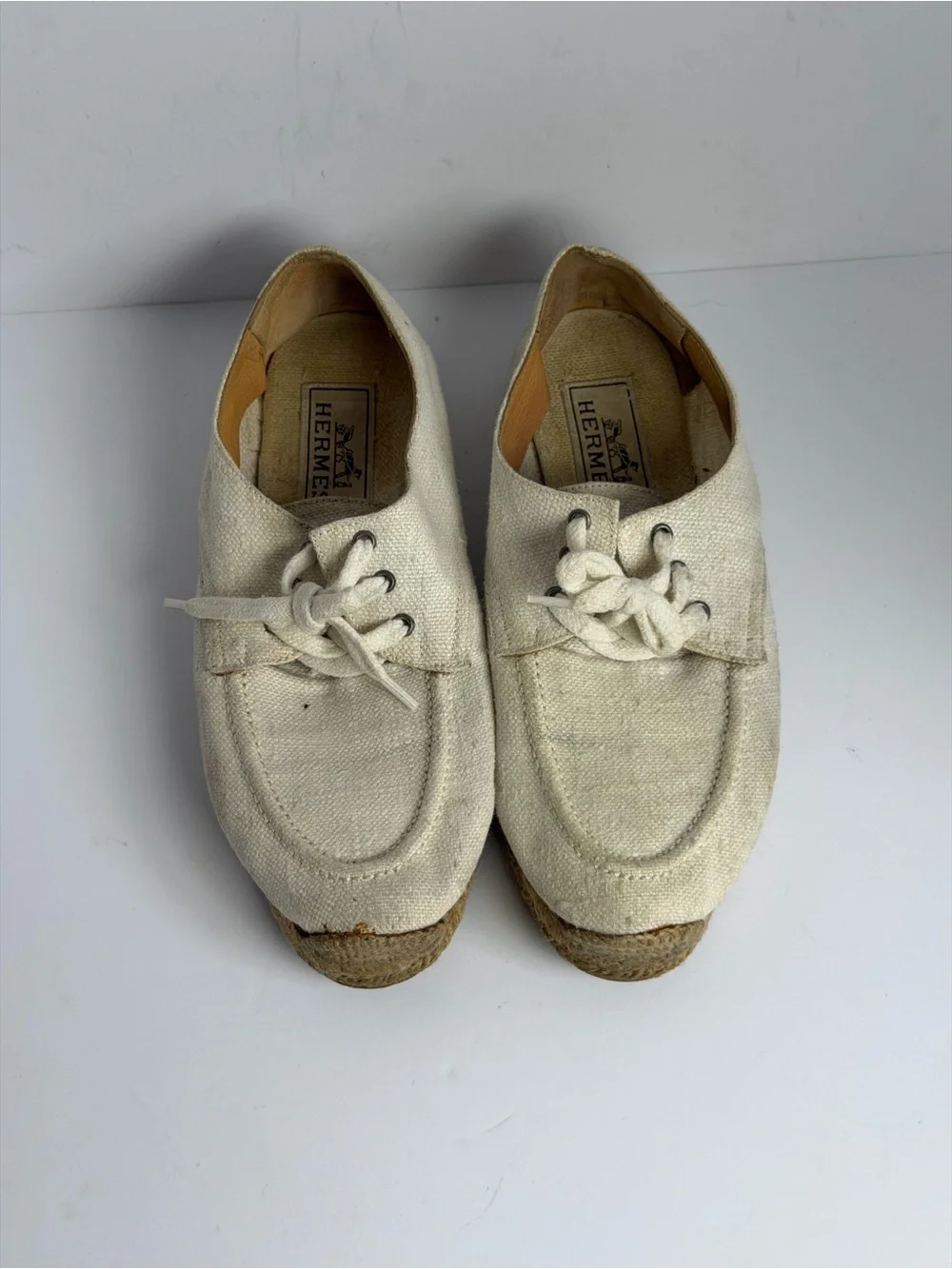 Vintage Hermes Canvas Lace-up Cream White Espadrilles